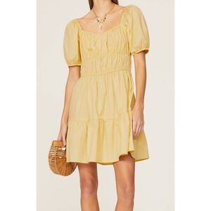 Louna Cinched Mini Dress Flattering Puff Sleeves Yellow Size Large